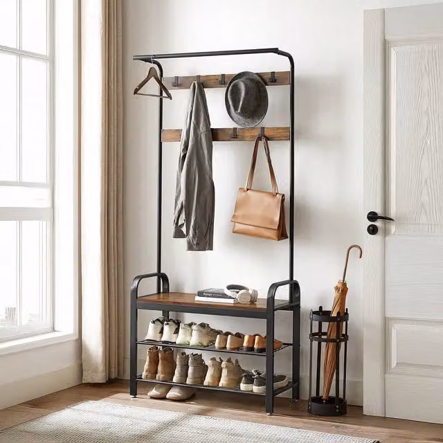VASAGLE Industrial 4-in-1 Hall Tree with Shoe Storage Bench and Coat Rack in Bronze and Black
