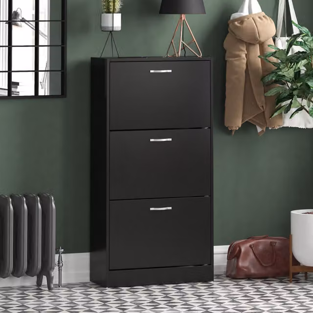 Vida Designs Modern Black Wooden Shoe Cabinet with 3 Tilting Compartments, H 118 x W 60 x D 24 cm – 7