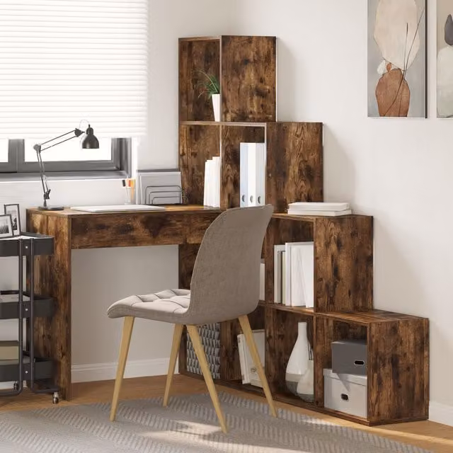 Berkfield Home Modern Corner Desk with Storage Shelf in Smoked Oak Brown, W/D/H: 149.5 x 101.5 x 149.5 cm – 1