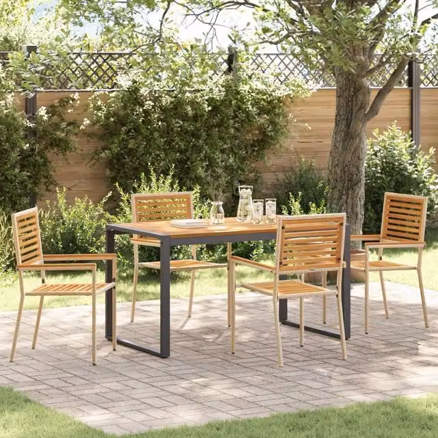 Berkfield Home 5 Piece Beige Poly Rattan and Acacia Wood Garden Dining Set