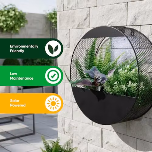 Gardenwize Round Solar Powered Wall Planter with Warm White LED Light in Black – 5