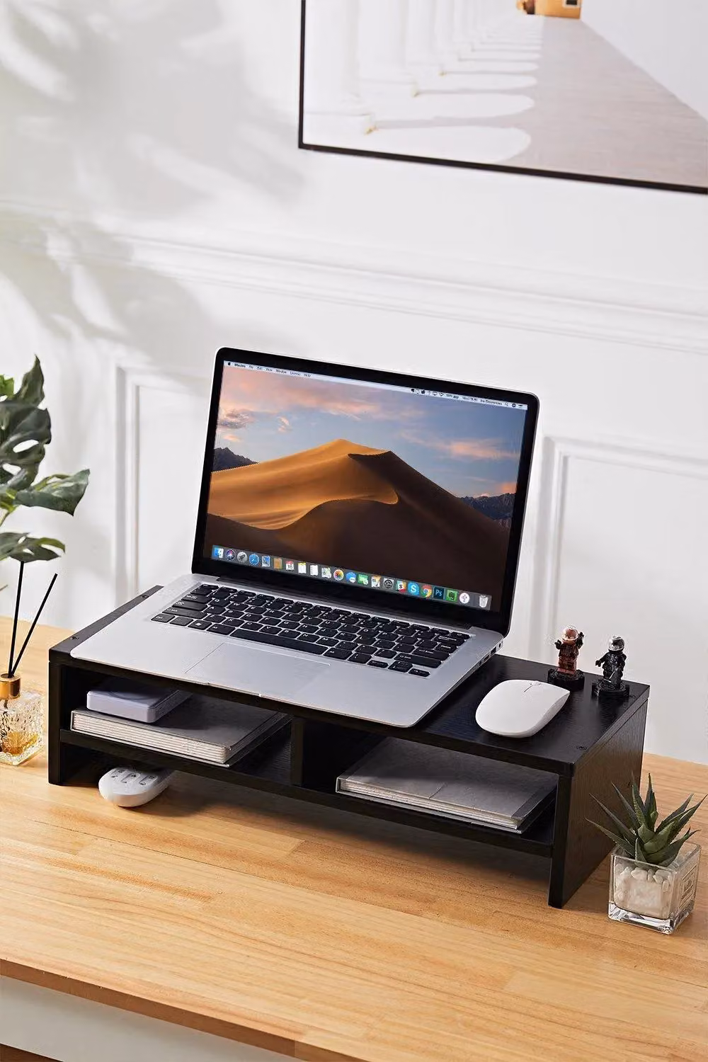 H&O Direct Matt Black MDF Monitor Stand Riser with Shelf – 2