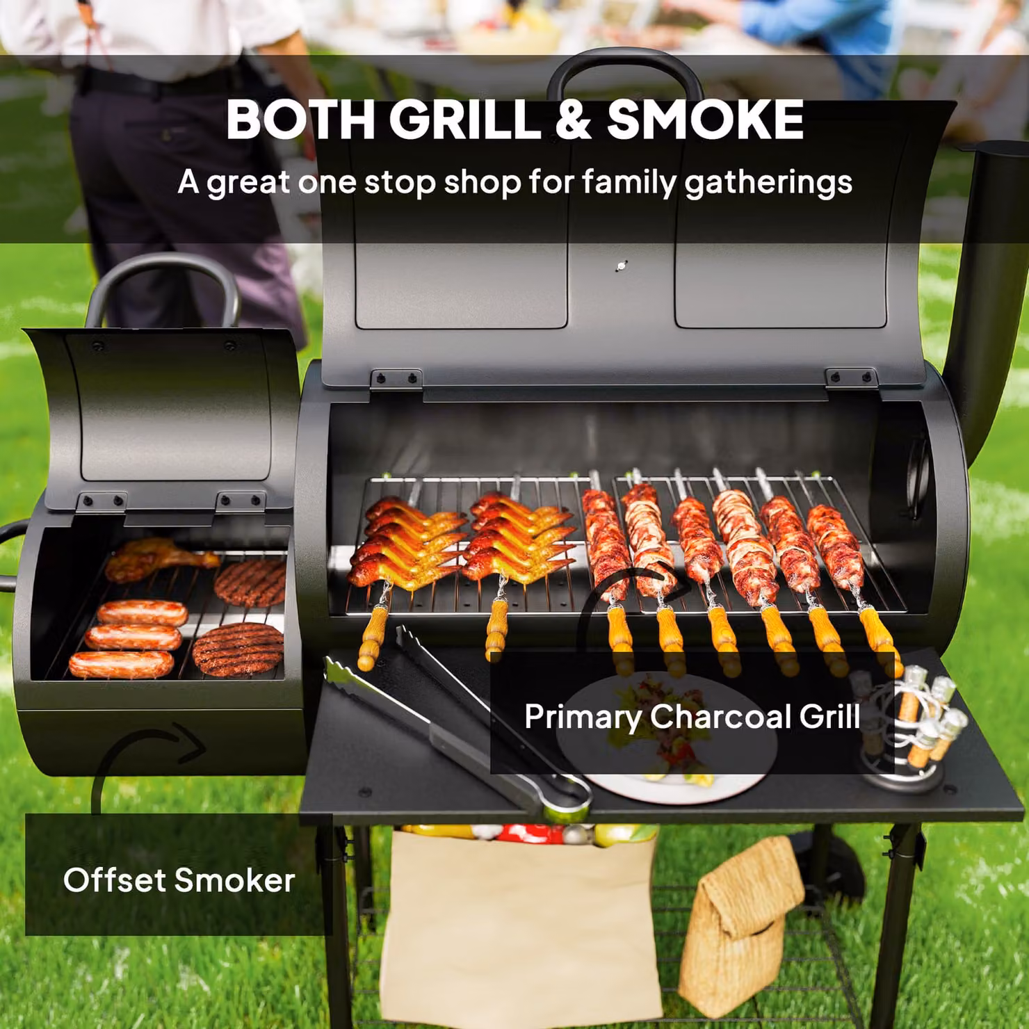 Outsunny Portable Charcoal Barbecue Grill with Offset Smoker, Black, W/D/H: 109 x 60 x 120 cm – 4