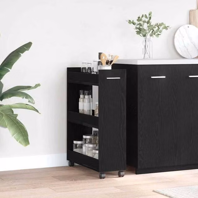 EONLION Black Oak Rolling Cabinet with Castors W: 60 cm, D: 22 cm, H: 79 cm
