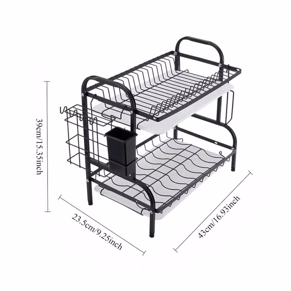 EONLION 2 Tier Black Metal Dish Drainer Rack with Drip Tray and Cutlery Holder – 2