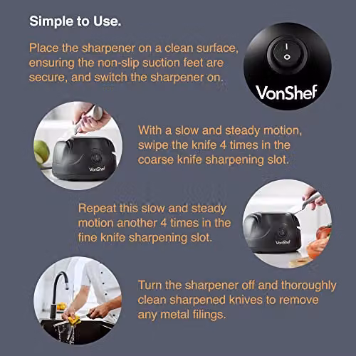 VonShef Electric Knife Sharpener in Black with 2 Grinding Wheels and Non-Slip Feet – 3
