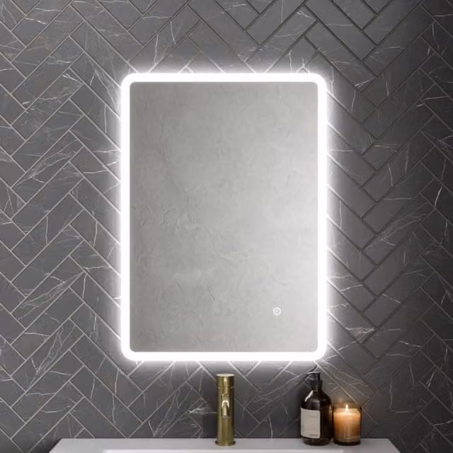 Bathwell Rectangle LED Backlit Bathroom Mirror with Touch Switch and Demister Pad, W: 50 cm, H: 70 cm, Silver