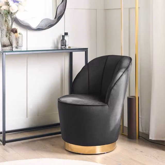 Wyld and Coco Black Velvet Tub Armchair with Gold Metal Base