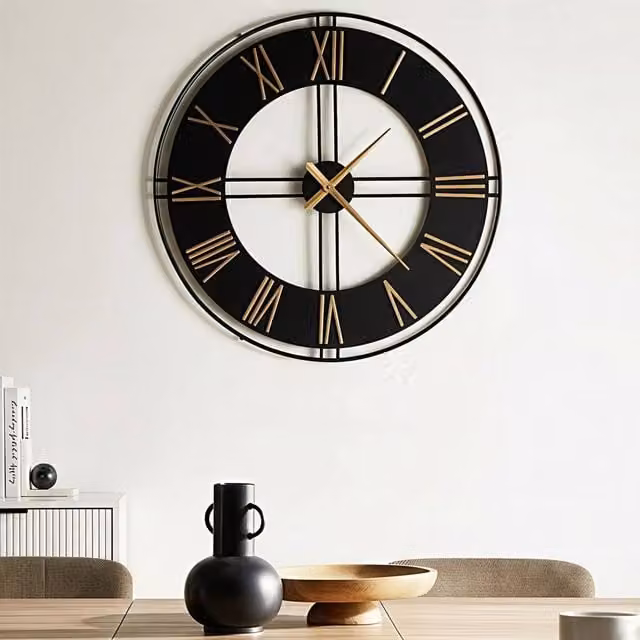 Wyld and Coco Industrial Round Analog Wall Clock in Matte Black Metal with Gold Roman Numerals, Diameter: 80 cm