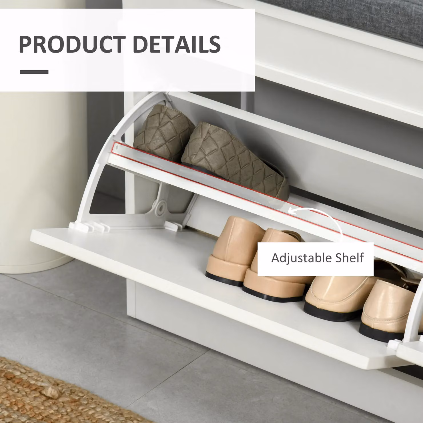 HOMCOM Shoe Storage Bench with Fabric Seat Cushion and 2 Drawers in White – 3