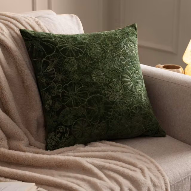 Make it a Home Picking Patch Embroidered Velvet Cushion in Greenwood