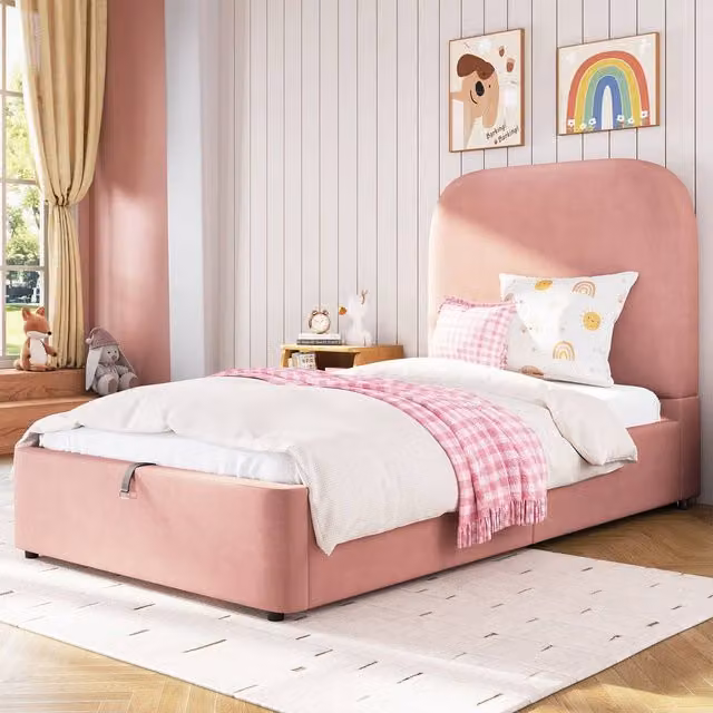 Merax Single Upholstered Velvet Ottoman Storage Bed Frame in Pink, W/D/H: 90 x 190 x 150 cm – 1