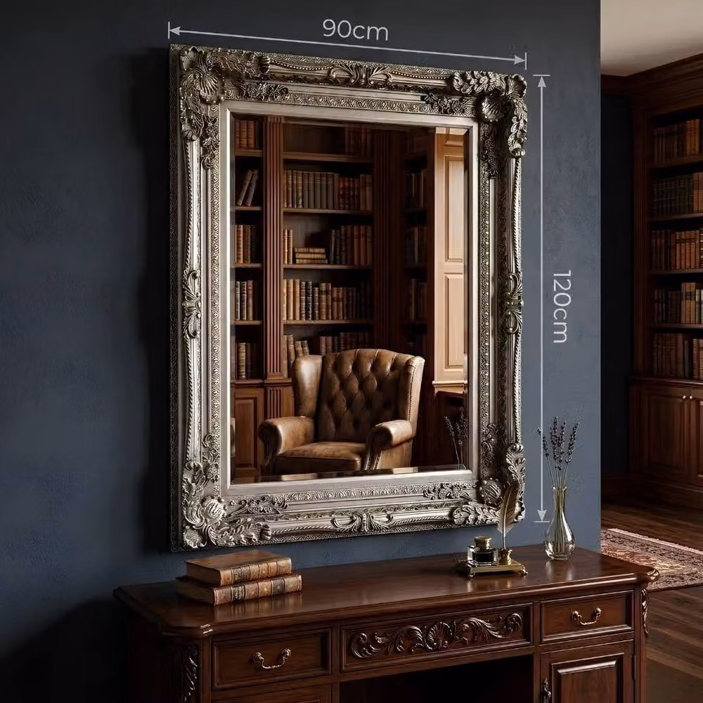 HOME LUXE INTERIOR Vintage Silver Ornate Antique Style Wall Mirror, W/H: 90 x 120 cm – 4
