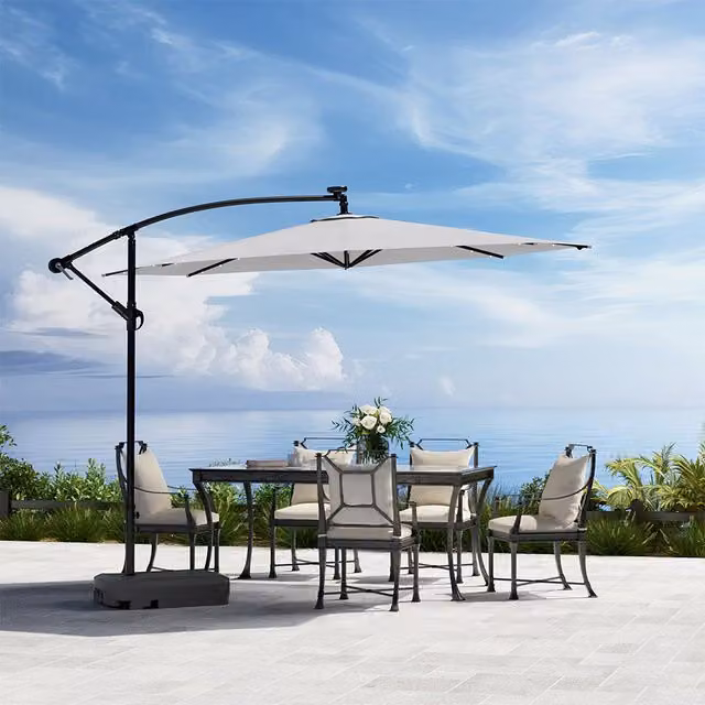 Komore Grey and White Polyester Outdoor Parasol Sunshade with Mobile Fillable Base