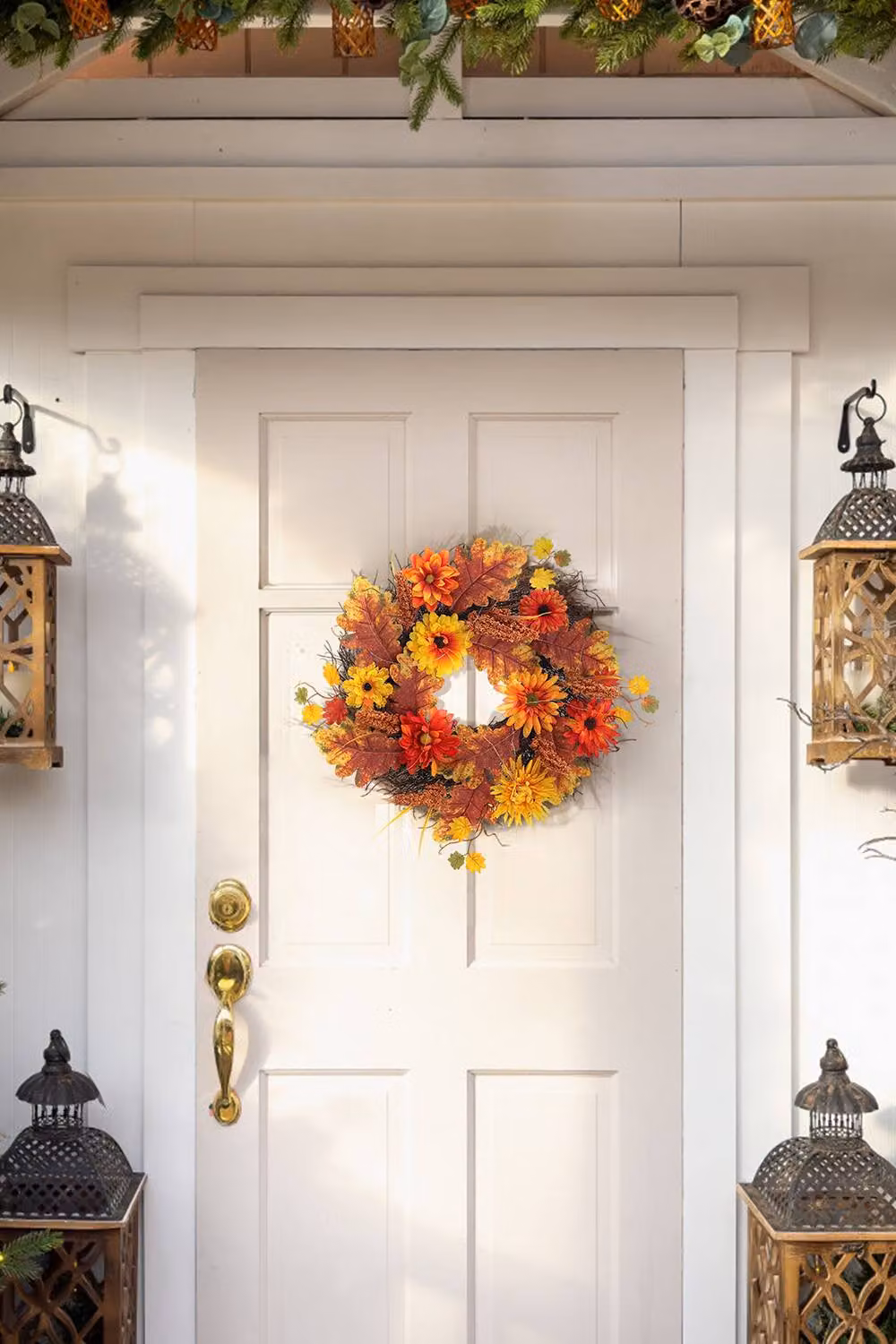 H&O Direct Autumn Daisy and Maple Leaf Wreath Hanging Decoration with LED Light, Brown, Diameter: 55 cm – 2