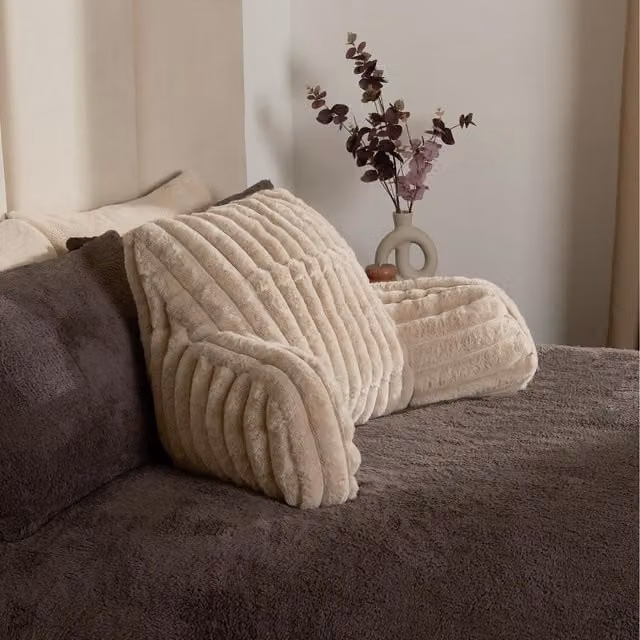 OHS Faux Fur Ribbed Heatable Wedge Cuddle Cushion in Beige and Yellow