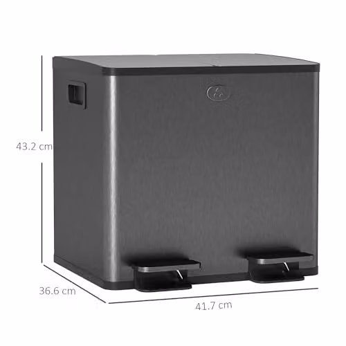HOMCOM Dual Kitchen Pedal Bin with Soft Close Lid and Odour Filter, Black Stainless Steel, 2 x 15L – 3