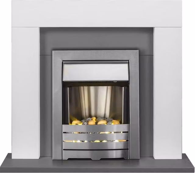 Adam Fires & Fireplaces Helios Fireplace in Brushed Steel with White and Grey Finish – 1