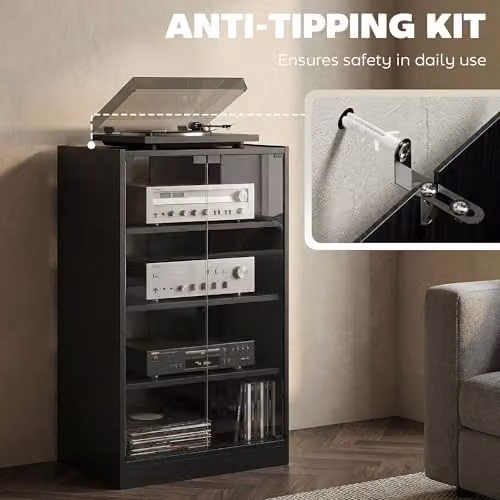 HOMCOM Modern Black Hi-Fi Stand with Glass Doors and Internal Shelves, W: 91 cm, D: 40 cm, H: 54 cm – 7