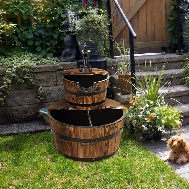 COSTWAY Rustic Brown Wooden Barrel Garden Fountain