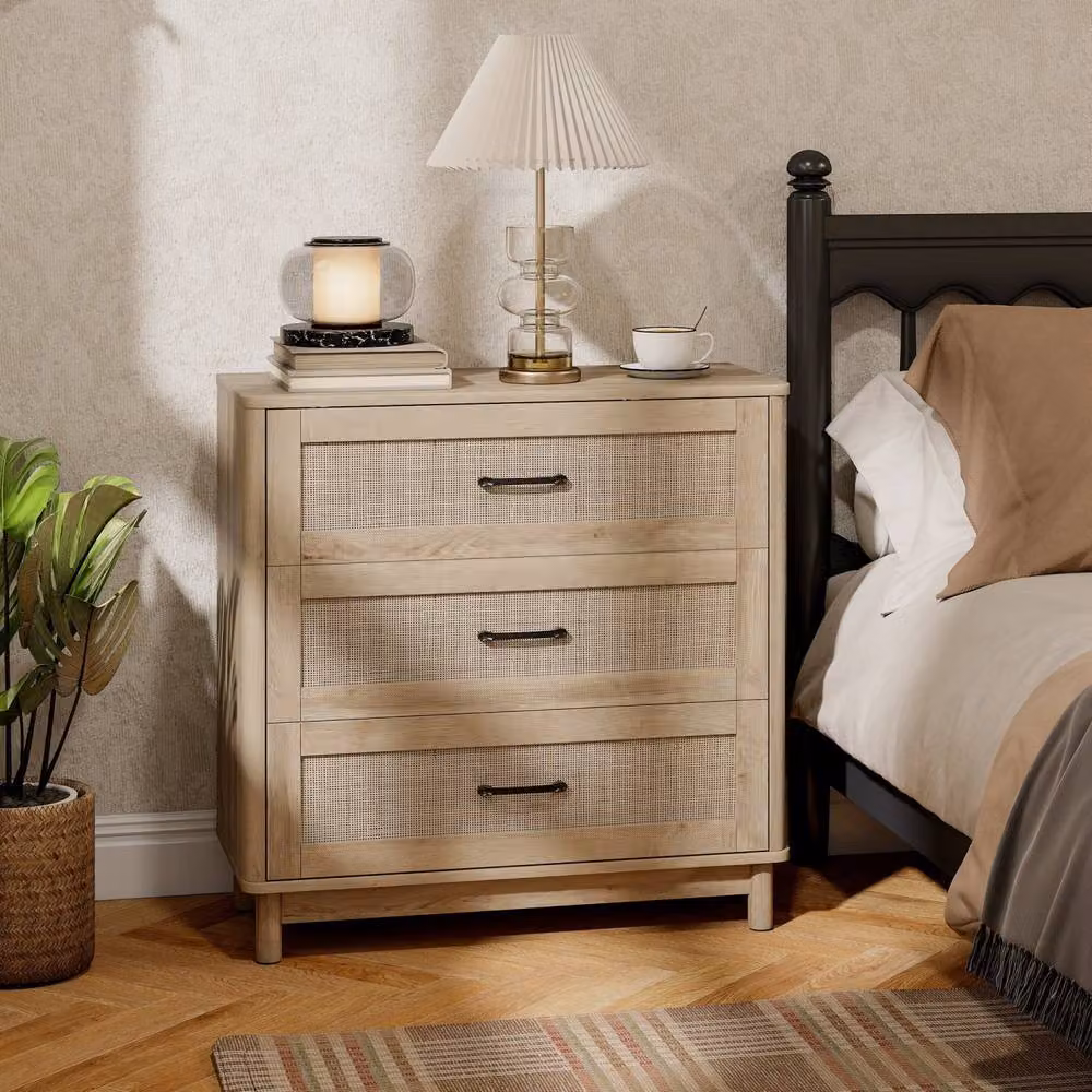 Wyld Haus Zima 3 Drawer Chest in Light Oak Finish with Rattan Fronts, Width: 76 cm – 3