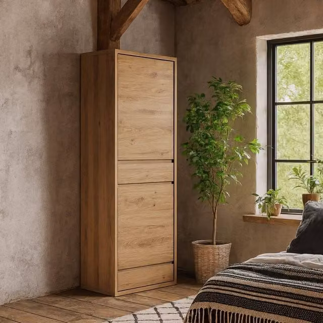 Wyld Haus Athens Natural Oak Effect Tall Narrow Storage Cabinet with 2 Doors and 2 Drawers