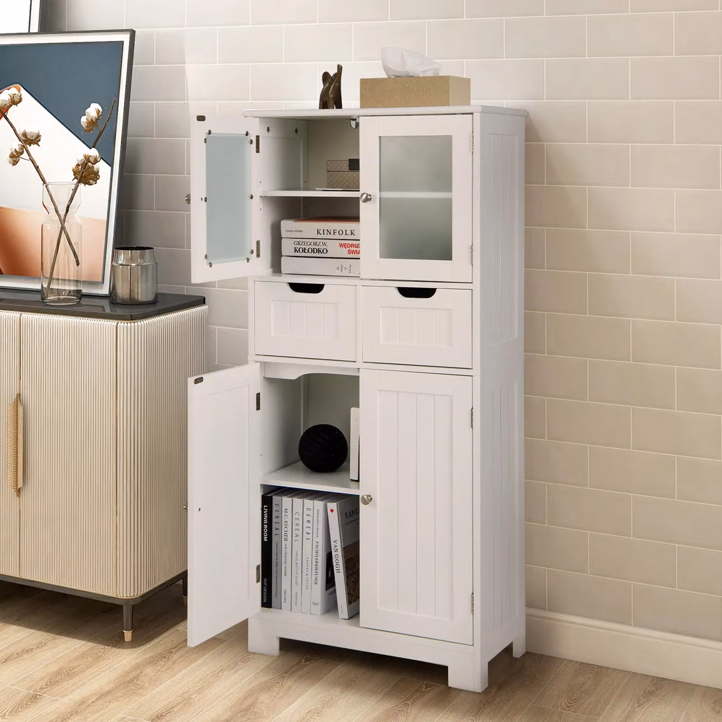 Costway Tall Freestanding Wood Bathroom Storage Cabinet in White – 2