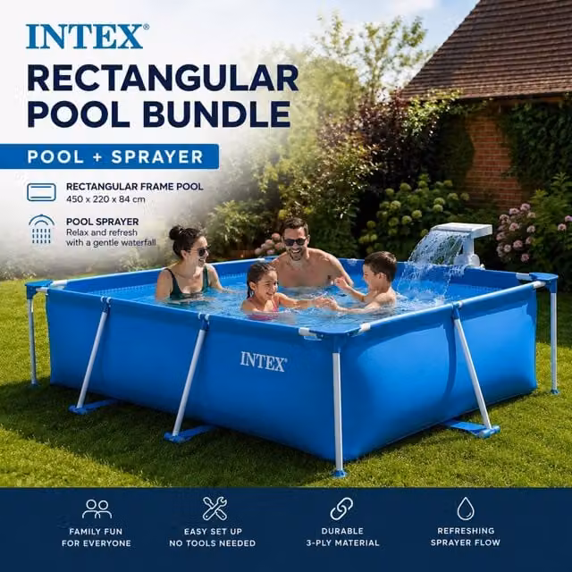 Intex Rectangular Steel Frame Pool and LED Water Sprayer Bundle, Blue, W/D/H: 450 x 220 x 84 cm