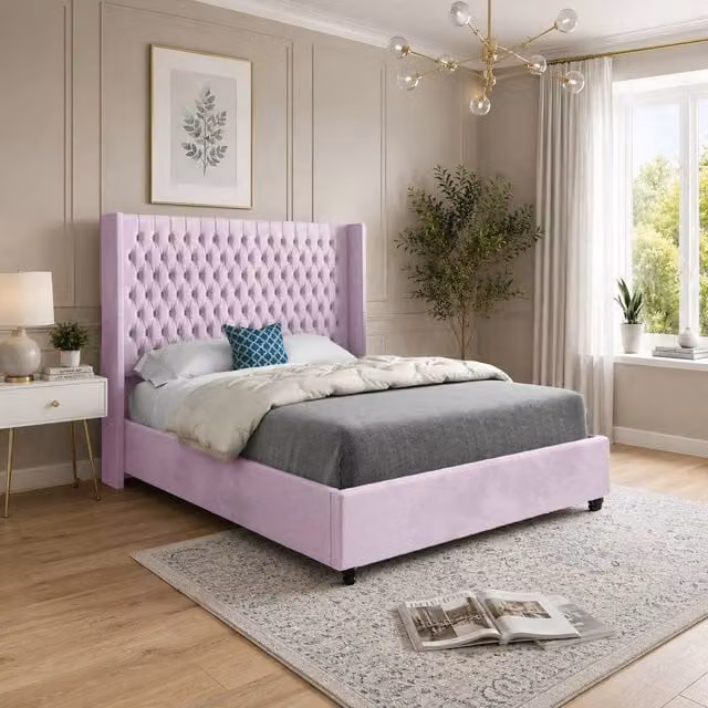 Casani Thwaite Upholstered Designer Bed Frame in Pink Soft Velvet, W/D/H: 180 x 137 x 159 cm – 1