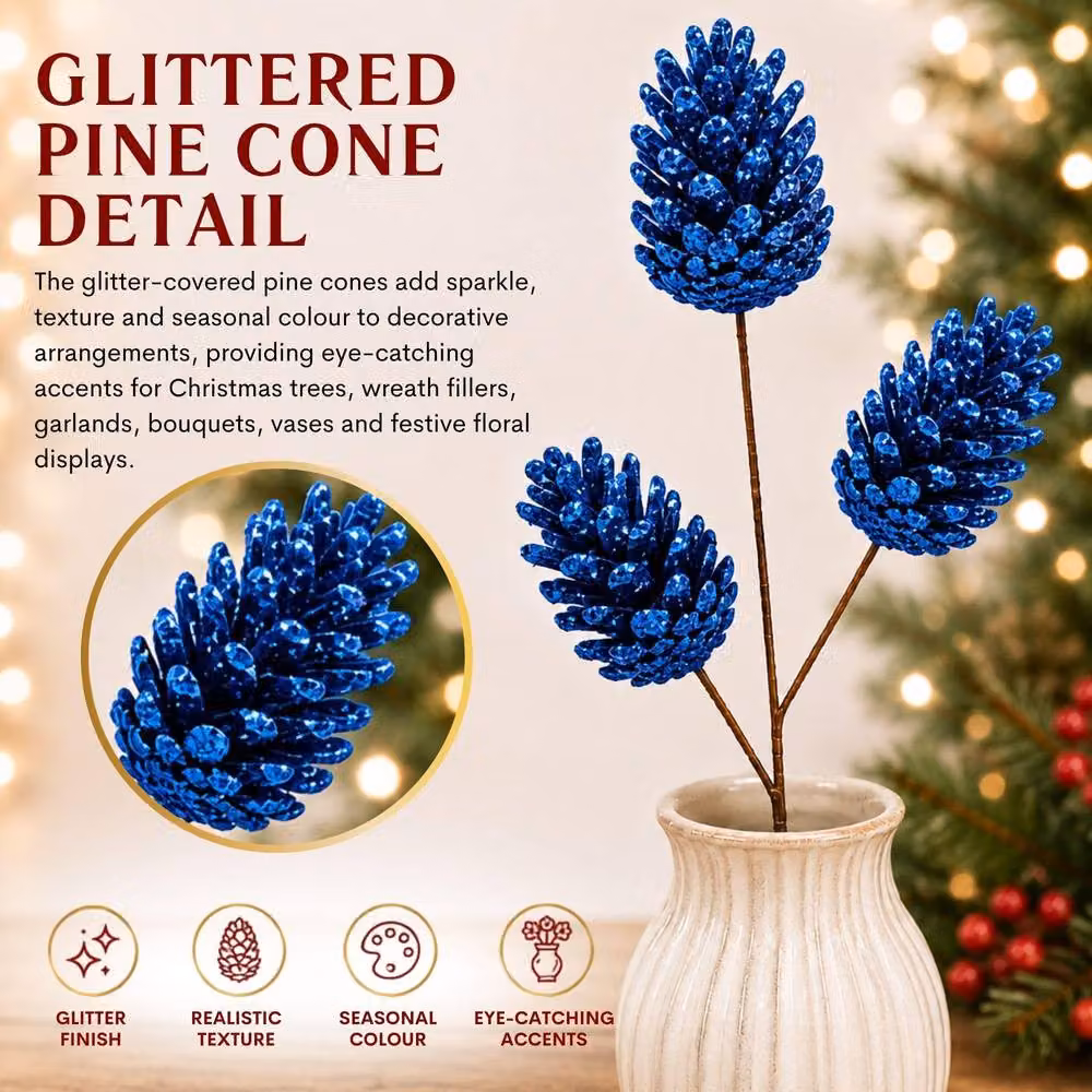 Shatchi Glitter Dark Blue Pine Cone Christmas Picks, 12 Pack, Height: 58 cm – 6