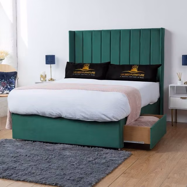 UK Bed Furniture Bella Green Velvet Wingback Divan Bed with 2 Drawers and 54 Inch Headboard, Size: King (W/D: 180 x 200 cm)