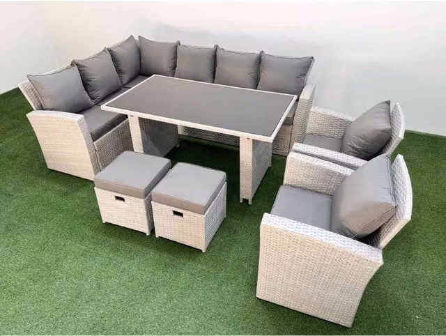 Fimous 10-Seater Grey Rattan Corner Sofa Set with Rectangular Coffee Table and Ottoman