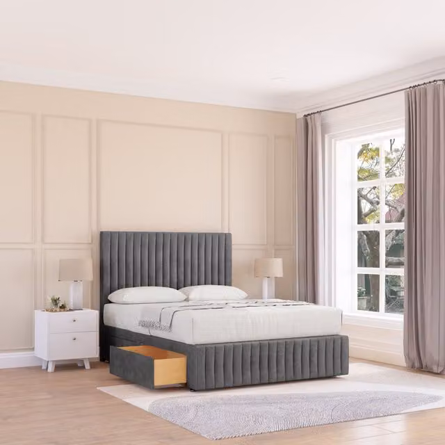 Sloomy Madison Divan Bed Base with 4 Drawers, 12 inch Footboard and 54 inch Floor Standing Headboard, Grey, W/D/H: 120 x 200 cm