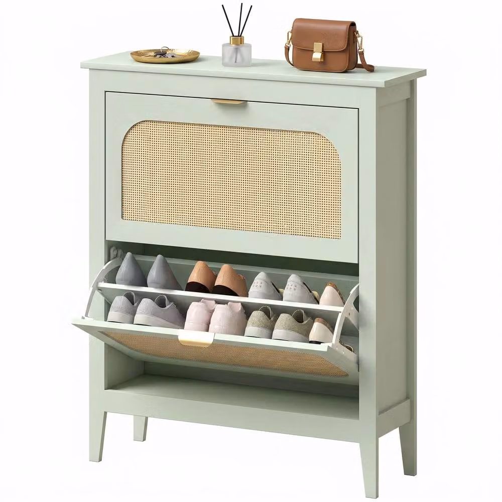 STILVORA Narrow Shoe Cabinet with 2 Tilting Compartments and Rattan Details, Green – 2