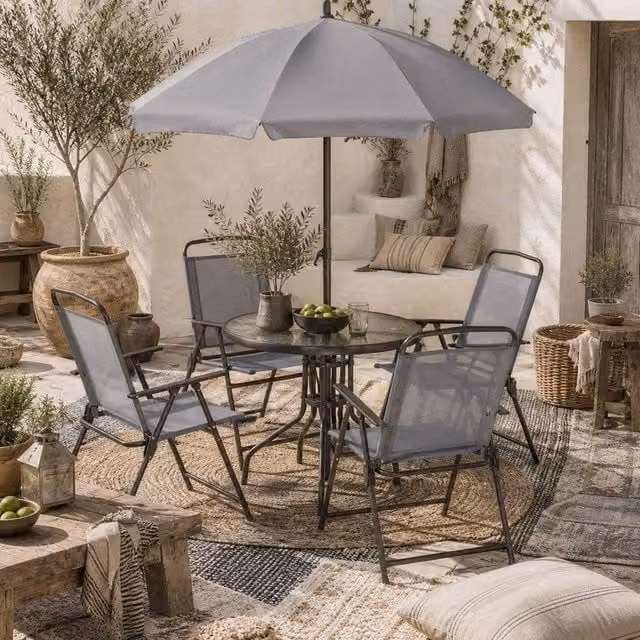 Wyld Haus 6 Piece Outdoor Dining Set with 4 Folding Mesh Chairs in Grey and Brown