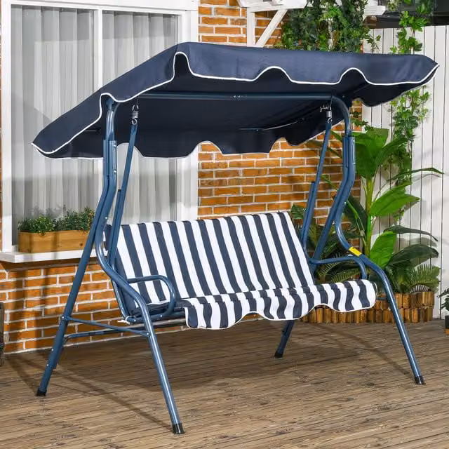 Outsunny Blue Striped Garden Swing Chair with Adjustable Sun Canopy