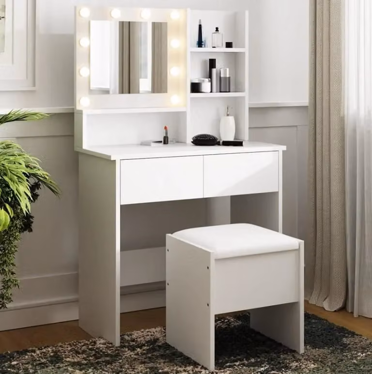 GFW Eva White 2 Drawer Dressing Table Set with LED Mirror and Stool, W/D/H: 135 x 40 x 80 cm