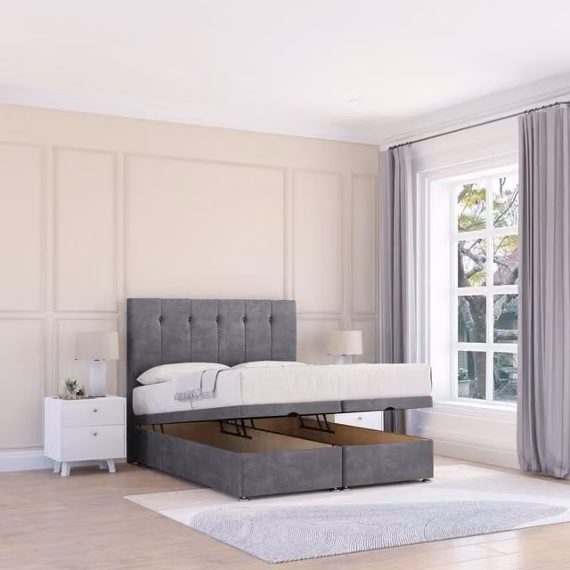 Sloomy Highbury Coniston Ottoman Bed in Dark Grey with Sprung Memory Mattress and 26 Inch Strut Headboard, Size: Double (W: 140 cm, D: 200 cm)