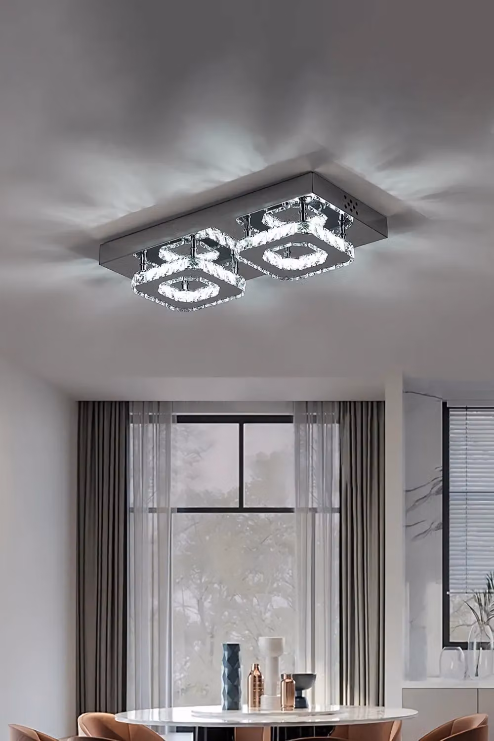 Living and Home Glam Crystal Square LED Ceiling Light in Silver and Chrome – 2