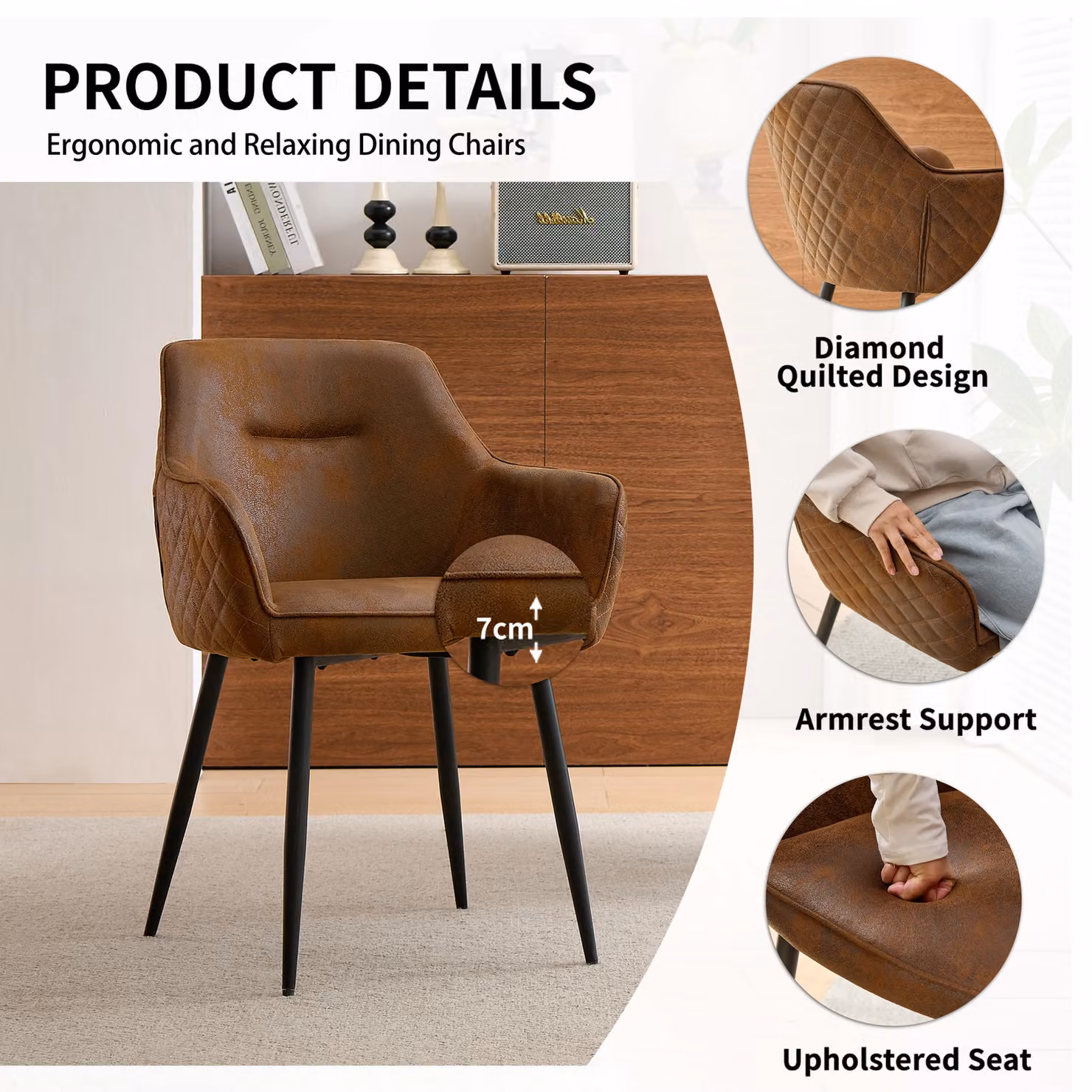 SONARA Set of 4 Modern Brown Faux Suede Dining Chairs with Armrests and Metal Legs – 3