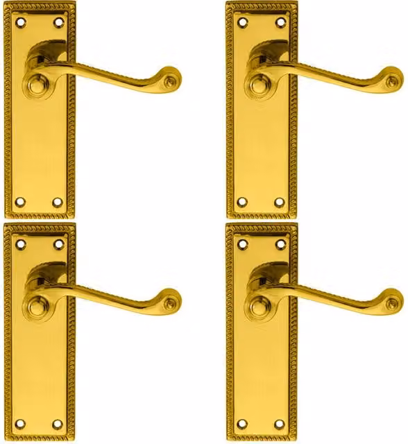Loops 4 Pairs of Reeded Design Scroll Lever on Latch Backplate, Polished Brass, W: 150 mm x H: 48 mm