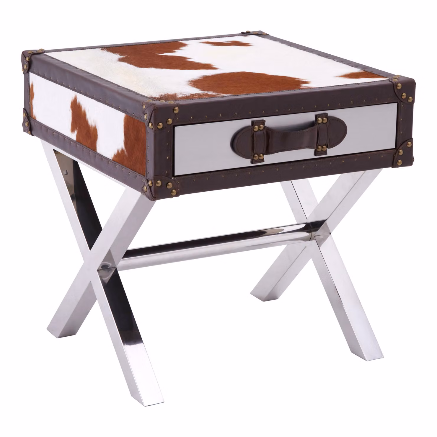 Orsina Brown and White Genuine Cowhide One Drawer Table with Metal Accents, W/D/H: 55 x 55 x 52 cm – 4
