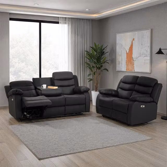 Seconique Roma 3 and 2 Seater Electric Recliner Suite in Black Synthetic Leather with USB Charging