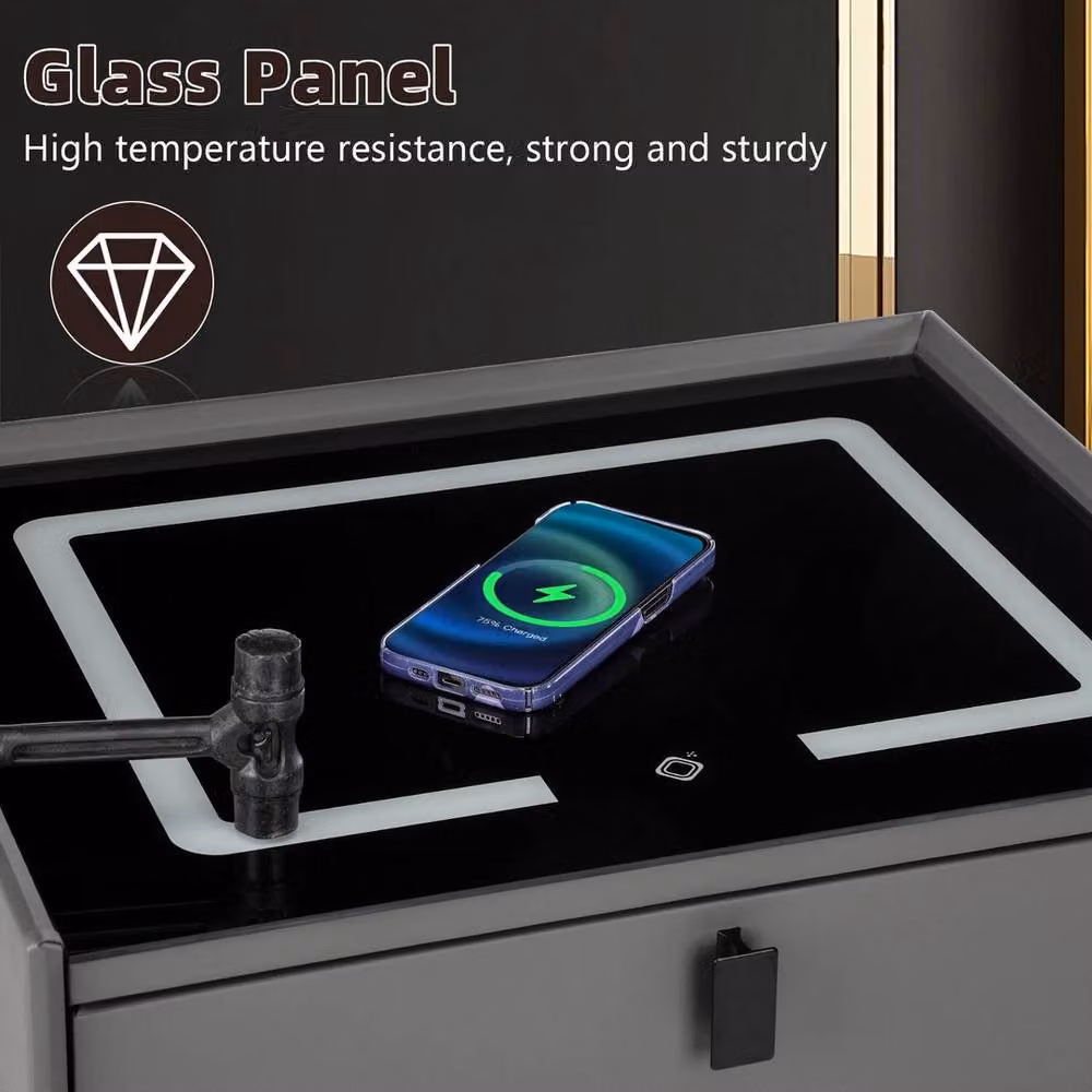 FLAVORA Modern Grey LED Bedside Nightstand with 2 Drawers and Wireless Charging, W: 100 cm x D: 100 cm – 3