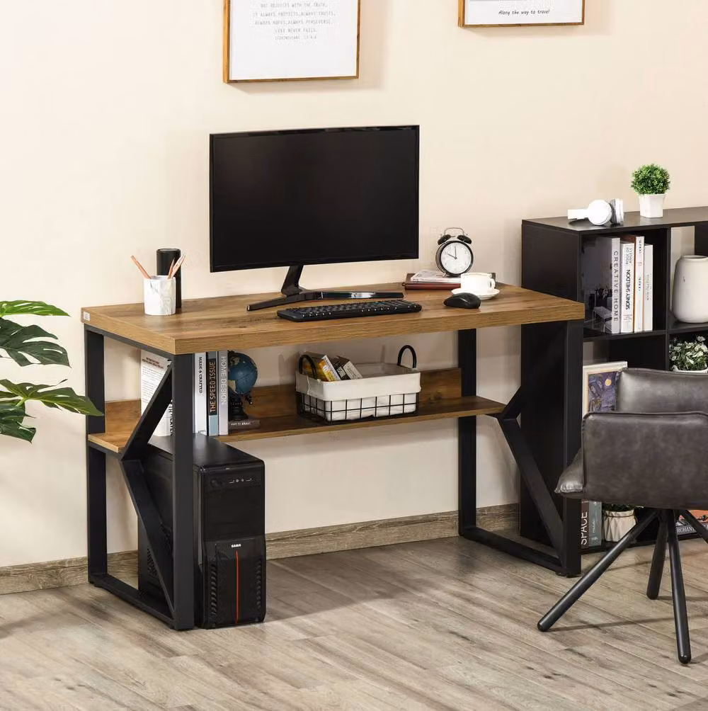 STILVORA Writing Desk with Storage Shelf in Brown Wood Effect and Metal X-Frame – 2