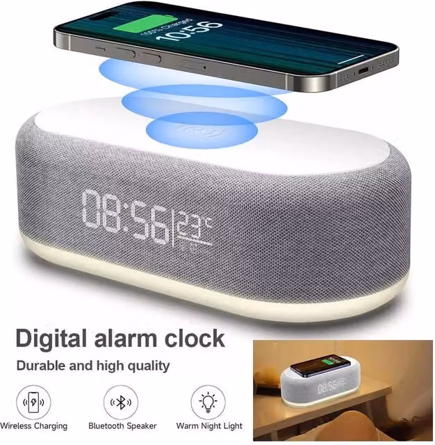 NESTLUNE Wireless Charger Dock and Alarm Clock Charging Station, Grey, W: 100 cm, D: 15 cm, H: 15 cm