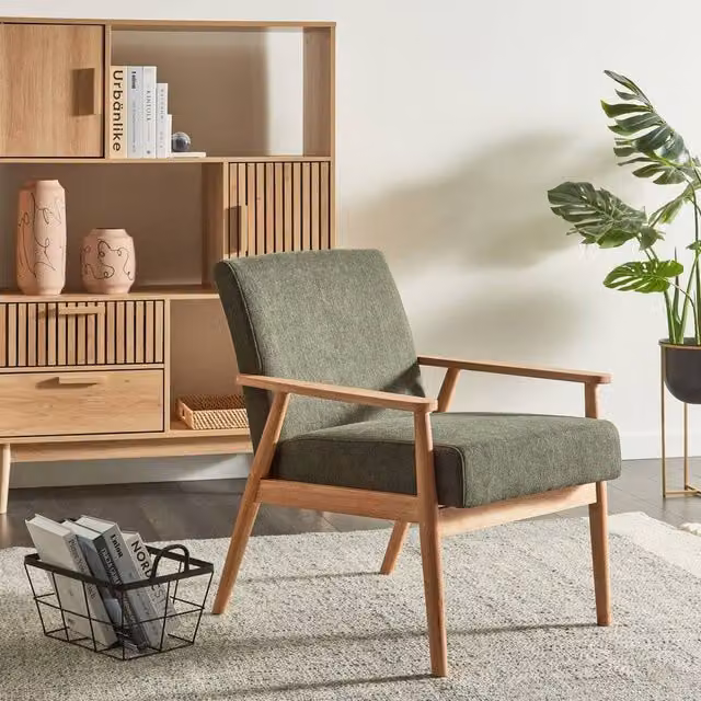 Wyld and Coco Mid-Century Green Polyester Armchair with Solid Rubberwood Frame – 1