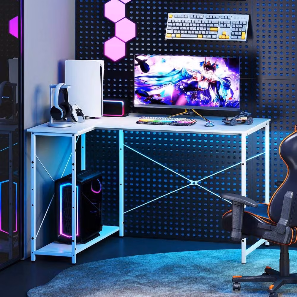 VOGREX White Reversible L-Shaped Corner Desk with Metal X-Frame – 3