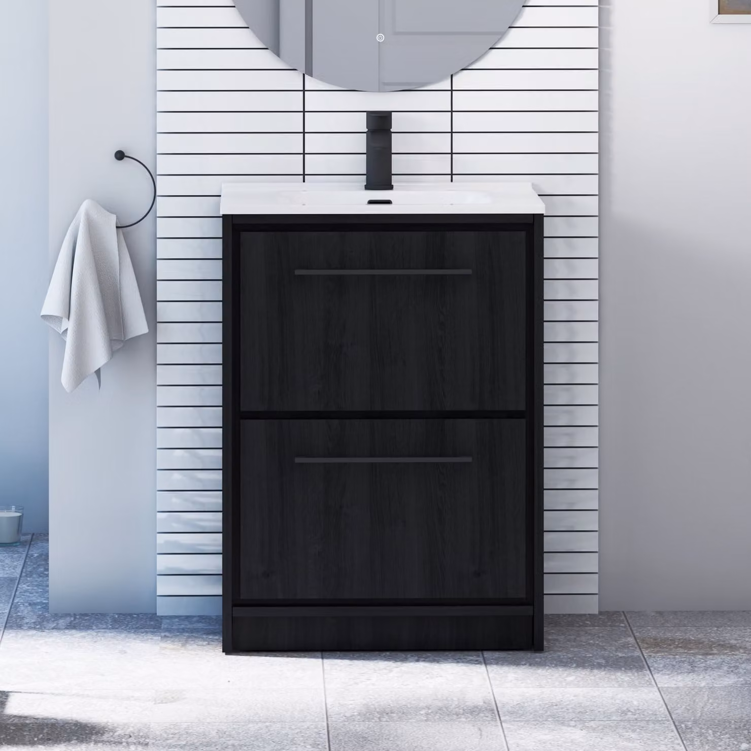 Royal Bathrooms Livora 600mm Black Woodgrain Floor Standing 2 Drawer Vanity Unit with Ceramic Basin and Matt Black Handle