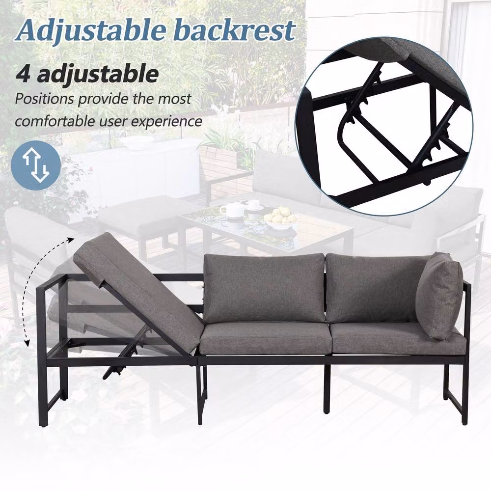 HomeTouch 5-Piece Outdoor Sofa Set with Adjustable Backrest, Stools and Coffee Table in Grey – 4